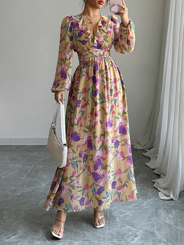 Contrast Color Elasticity Flower Print Pleated Ruffle Trim A-line Long Sleeves V-neck Maxi Dresses