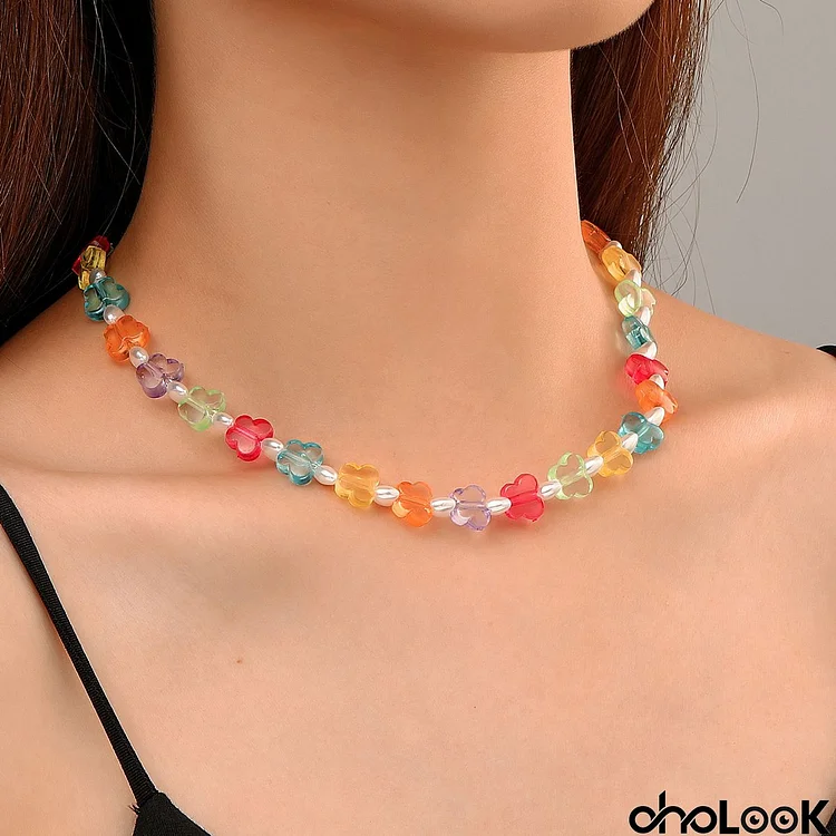 Women Fashion Bohemian Multicolor Beads Imitation Pearls Princess Necklace