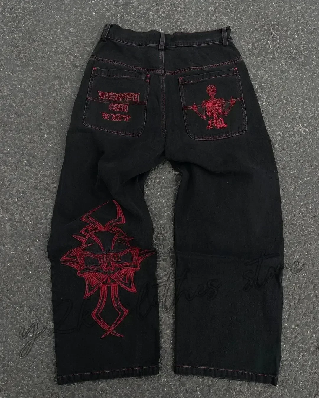Bonusbad Y2K New Hip-hop Gothic Embroidered Straight Jeans Men's American Street Casual Loose Super Wide-leg Pants Couple Jeans Pants