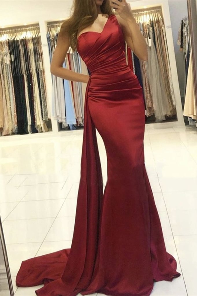 One Shoulder Burgundy Mermaid Prom Dress With Ruffle - lulusllly