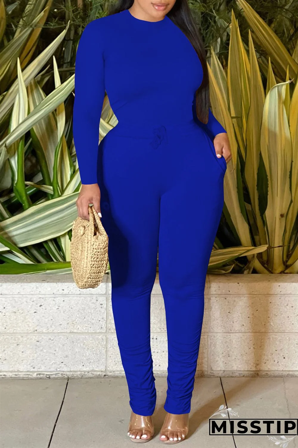 Pink Casual Solid Basic O Neck Long Sleeve Two Pieces