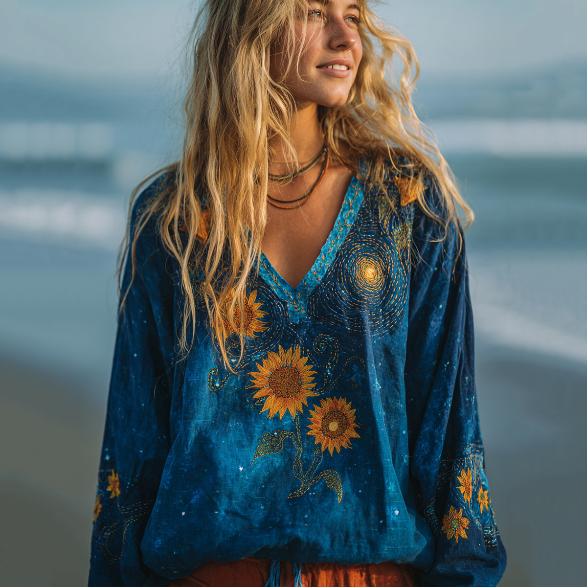 Women's Vintage Oil Painting Sunflower And Starry Night Embroidery V-neck Loose T-shirt  artssus