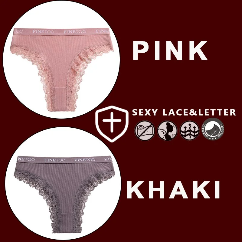 FINETOO 2PCS/Set Women's Cotton Panties Girls Letter Thongs Brazilian Pantys Sexy Lace Underwear For Woman Lingerie Bikini Panty