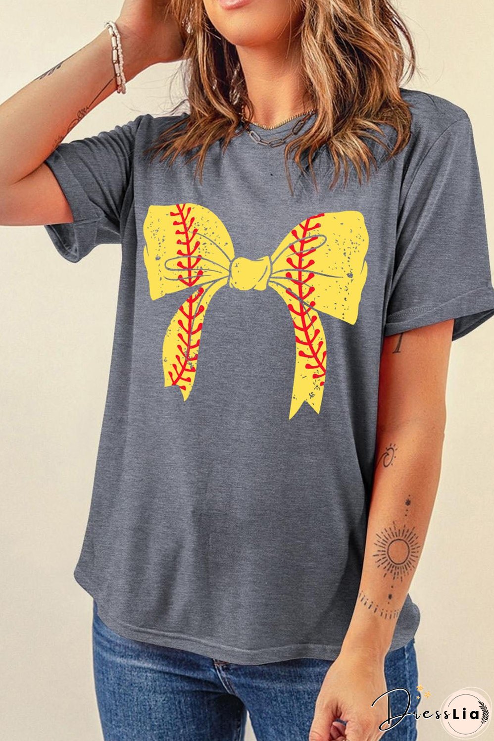 Sweet Baseball Bowknot Print Casual T-shirt