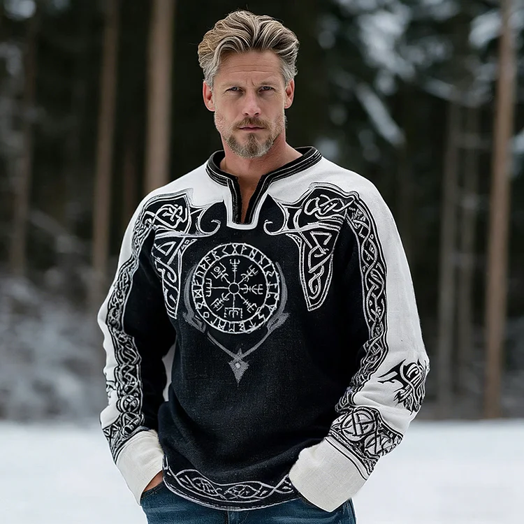 Men's Retro Viking Vegvisir Celtic Graphic Print Cotton-linen Blend Shirt