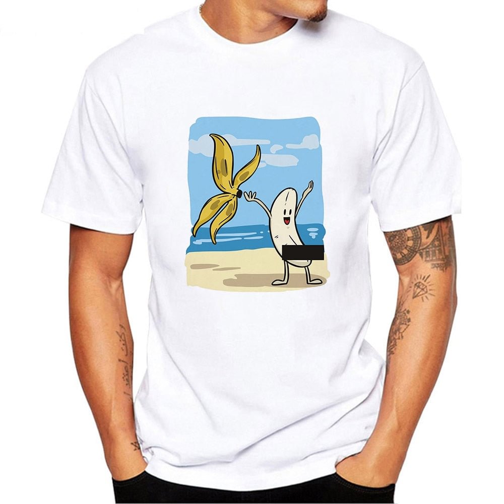 Men's Banana Disrobe Funny Design Print T-shirt Summer Humor Joke Hipster T-Shirt White Casual T Shirts Outfits Streetwear