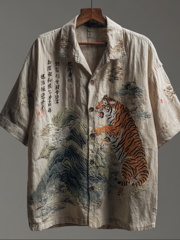 Comstylish Vintage Japanese Style Tiger And Calligraphy Patchwork Washed Short Sleeve Shirt
