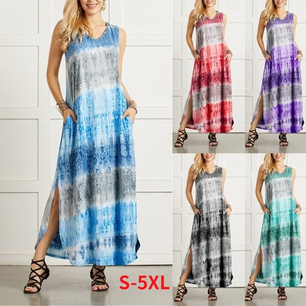Womens Bohemia Sleeveless Maxi Dress Summer Casual Loose Tie Dye Printing Long Sundress Plus Size - BlackFridayBuys