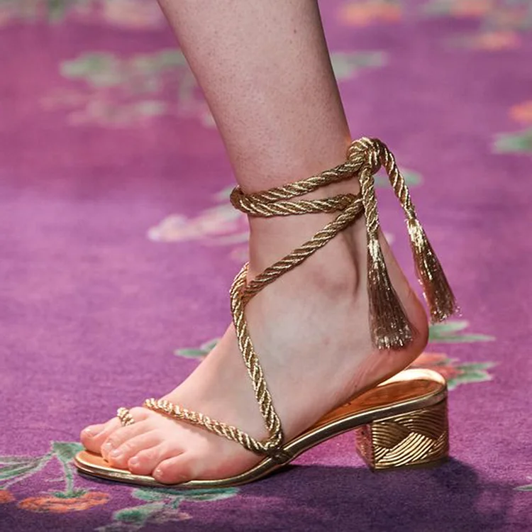 Women'S Gold Open Toe Sandals Classic Block Heel Office Wrapped Shoes |FSJ Shoes