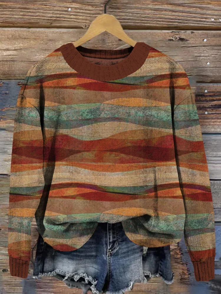 VChics VChics Western Sandstone Desert Graphic Vintage Cozy Sweater