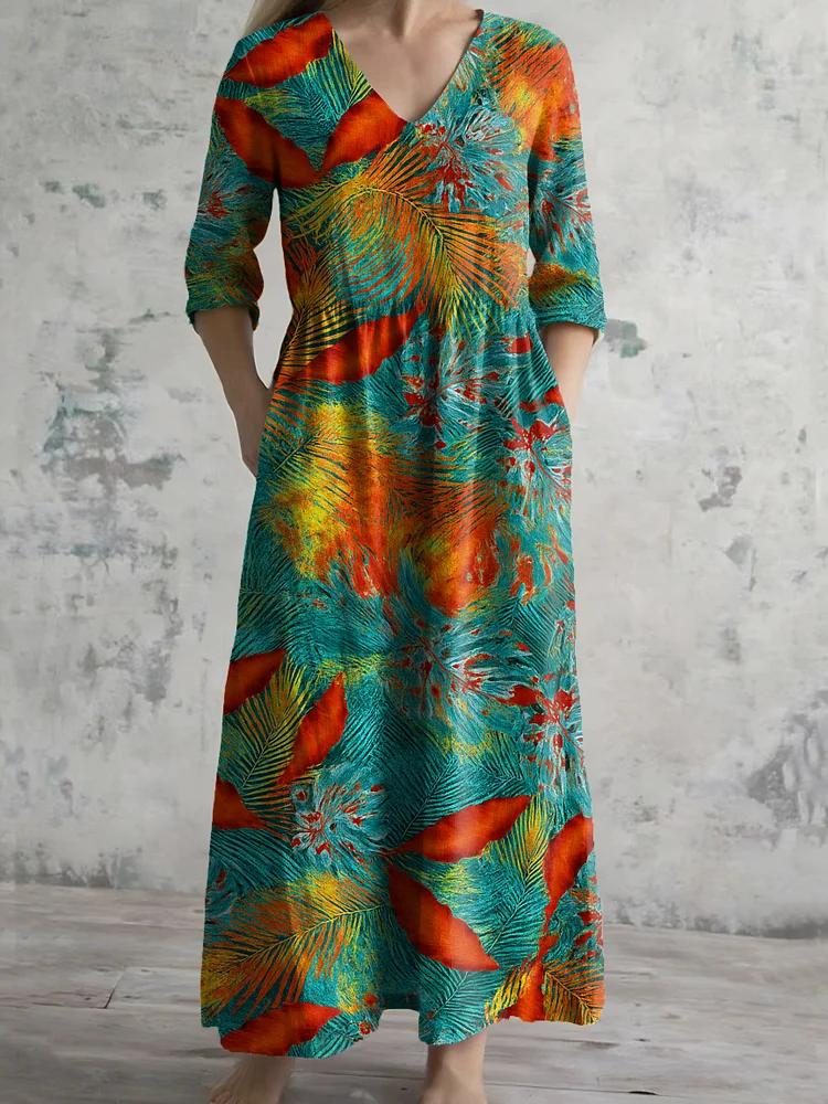 Women's V-neck Floral Print Cotton Dress