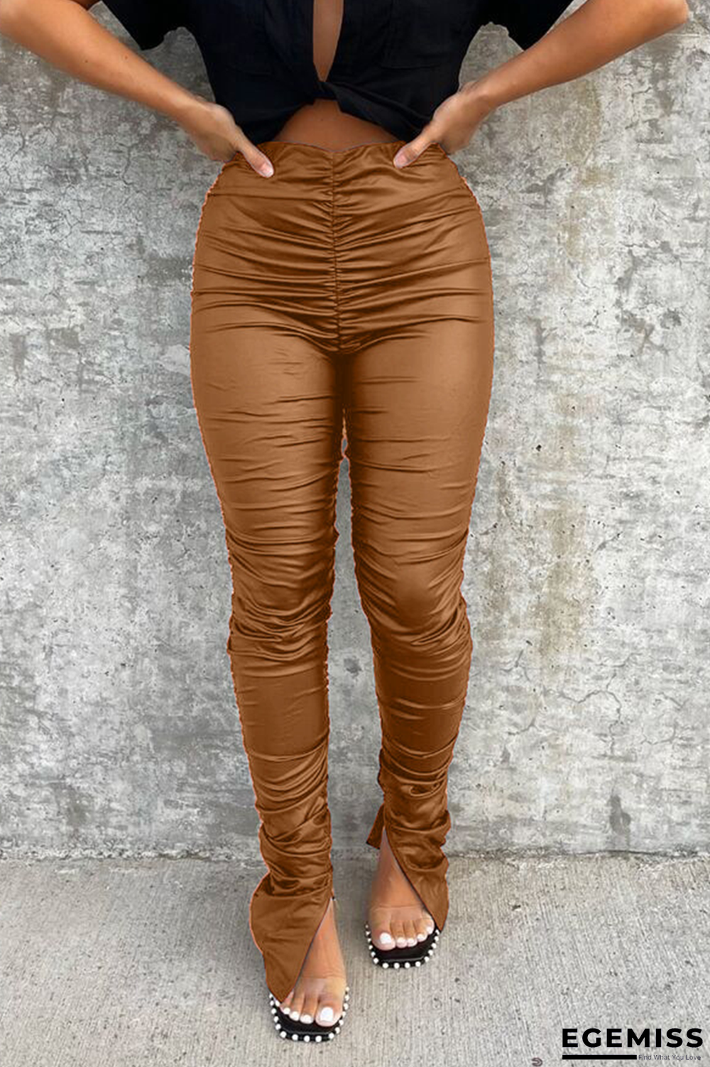 Brown Street Solid Fold Skinny High Waist Pencil Solid Color Bottoms | EGEMISS