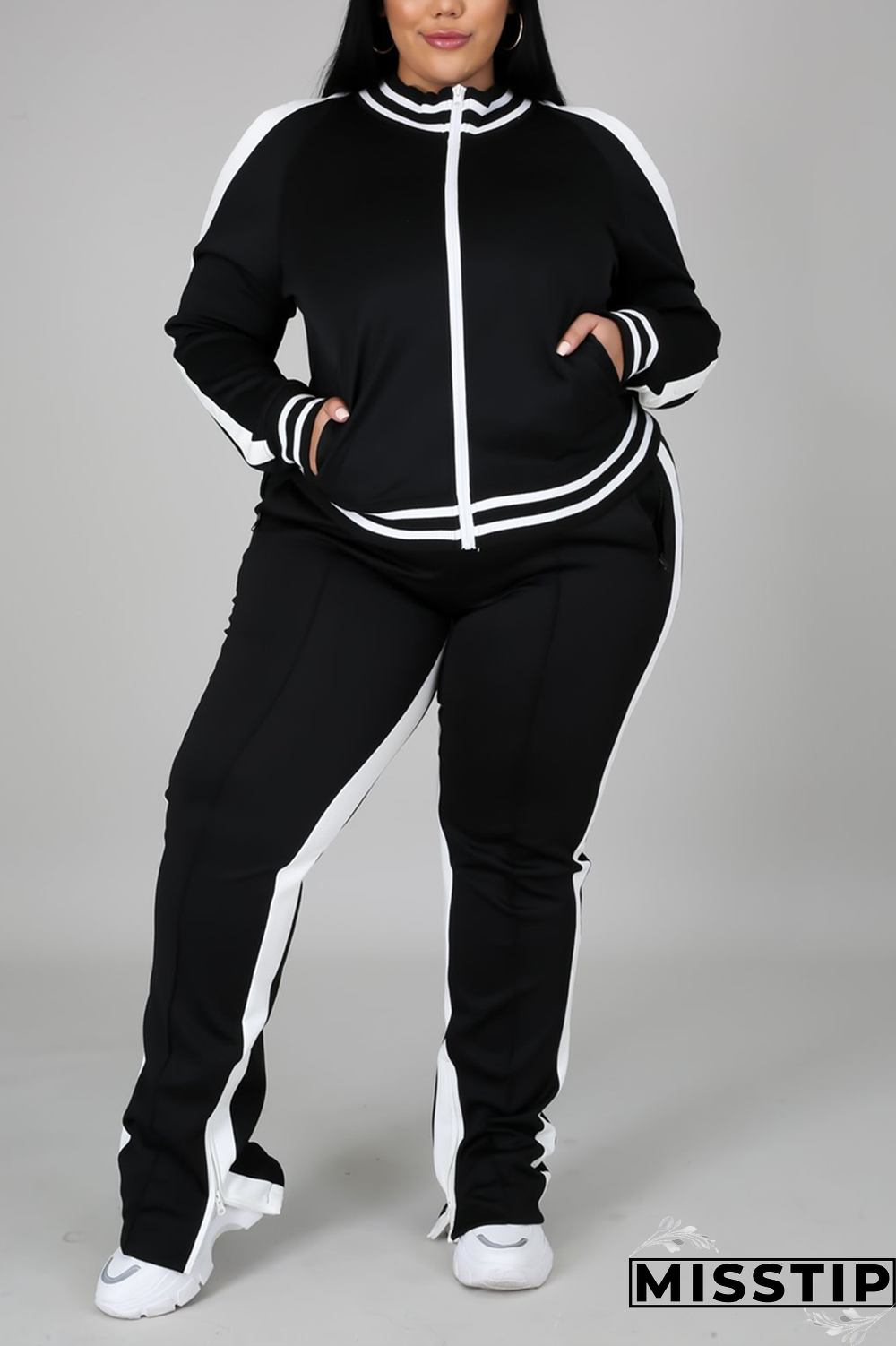 Black Fashion Casual Sportswear Zipper Collar Long Sleeve Regular Sleeve Patchwork Plus Size Set