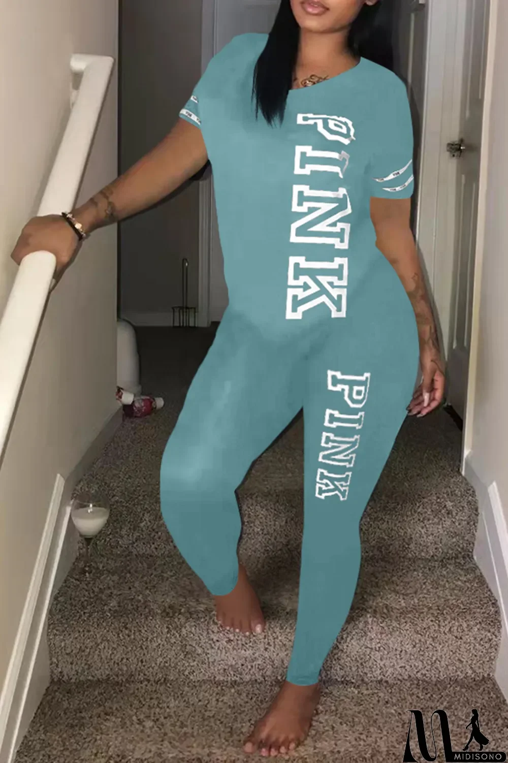 MidiSono - Green Casual Patchwork Letter O Neck Short Sleeve Two Pieces