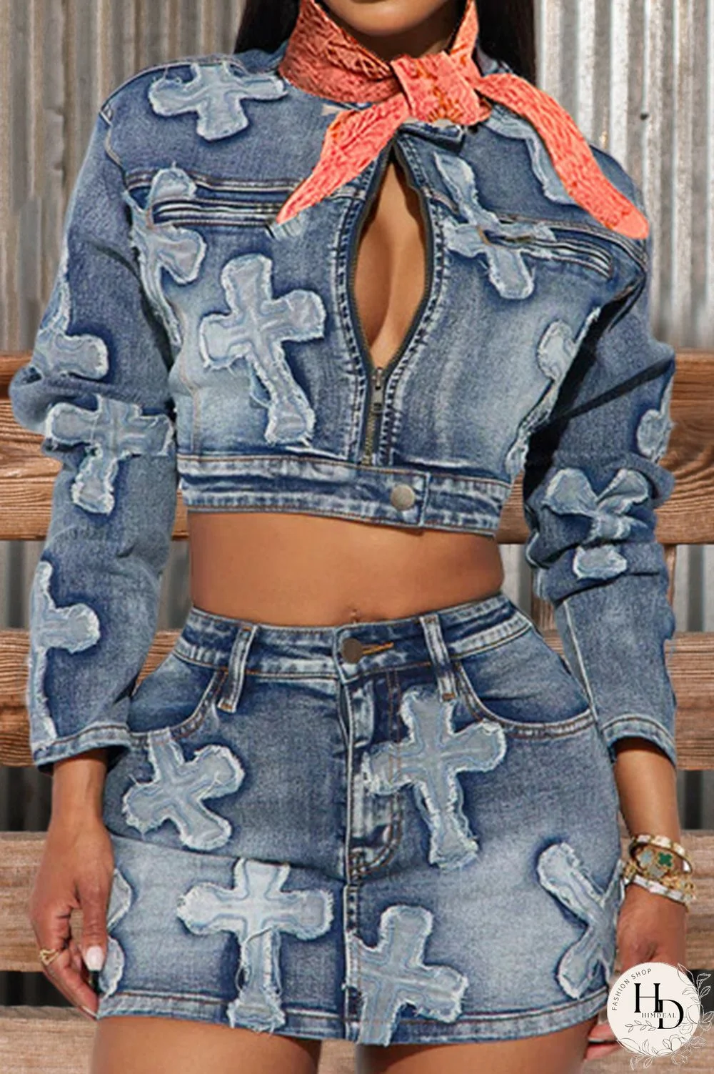 Denim Embroidered Skirt Jacket Suit