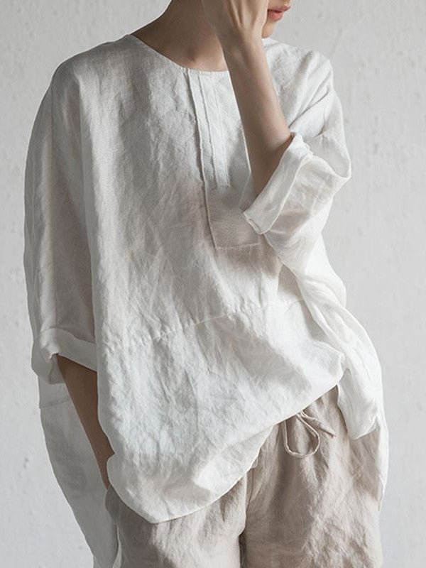 Round neck cotton and linen back fork five-point sleeve casual pullover T-shirt socialshop
