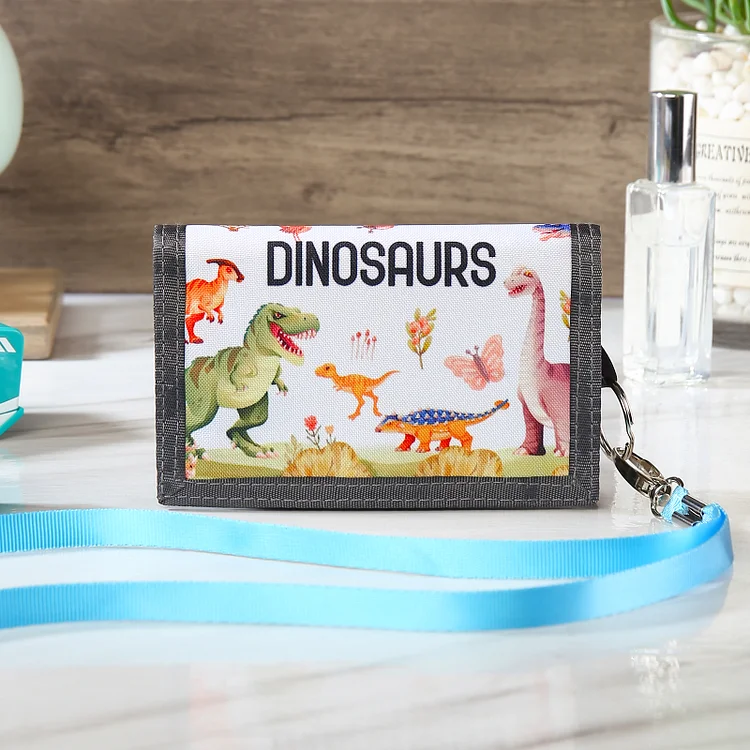 Cartera, billetera de dibujos dinosaurios monedero personalizado con 1 nombre para niños con cuerda evitar pérdida