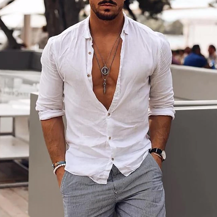 BrosWear Cotton Linen Slim Fit Long Sleeve Casual Shirt