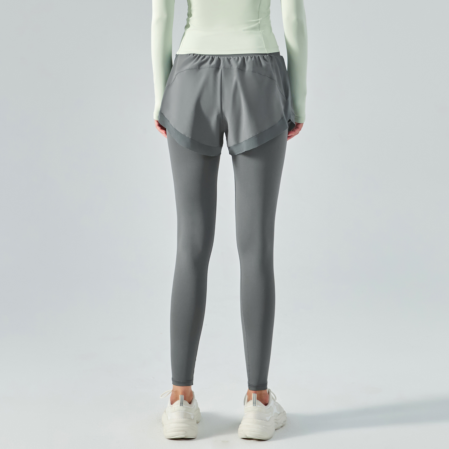 Buy Fog Gray widened waist tummy control buttery soft sweat wicking running gym leggings shorts with pockets of high quality on Hergymclothing