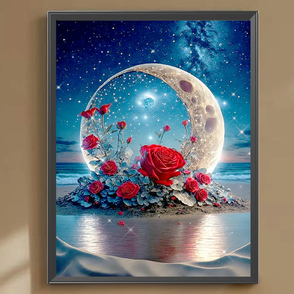 Full Round Diamond Painting 30*40cm - Red Roses Under The Moon