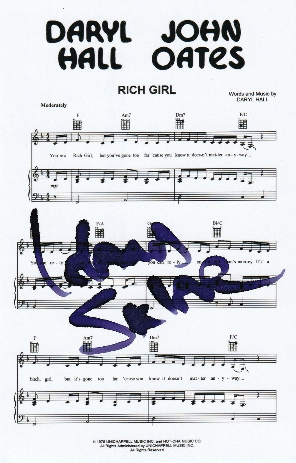 Leland Sklar REAL hand SIGNED 4x6 Hall & Oates Rich Girl Sheet Music COA