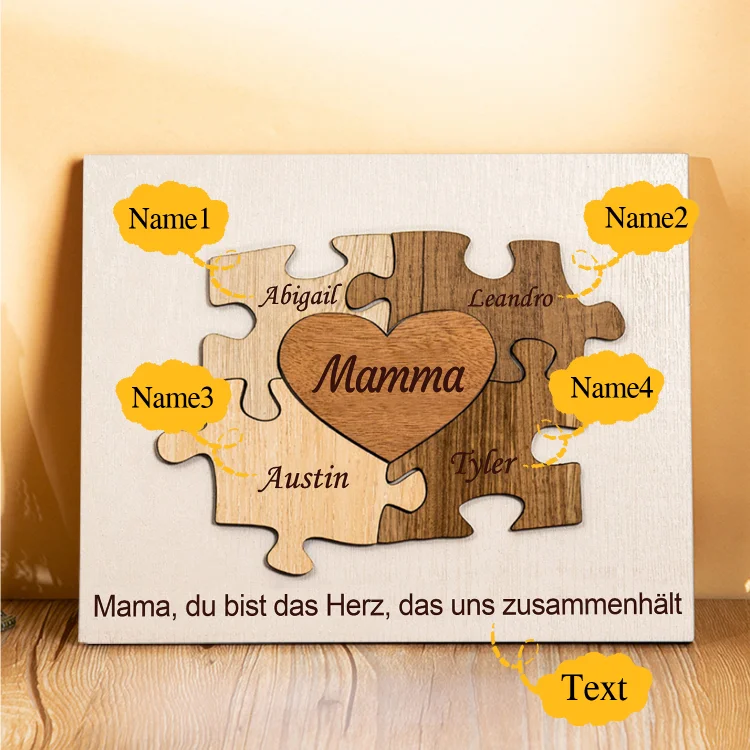 Mutter Holzbild-Personalisierter Text & 4 Namen Mama Puzzle Holzdekoration-Geschenk für Mutter