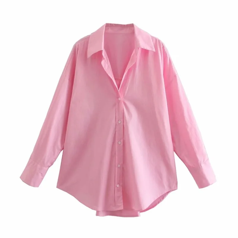 Summer Women Pink Poplin Simple Blouse Female Long Sleeve Shirt Office Lady Loose Tops Blusas S8823