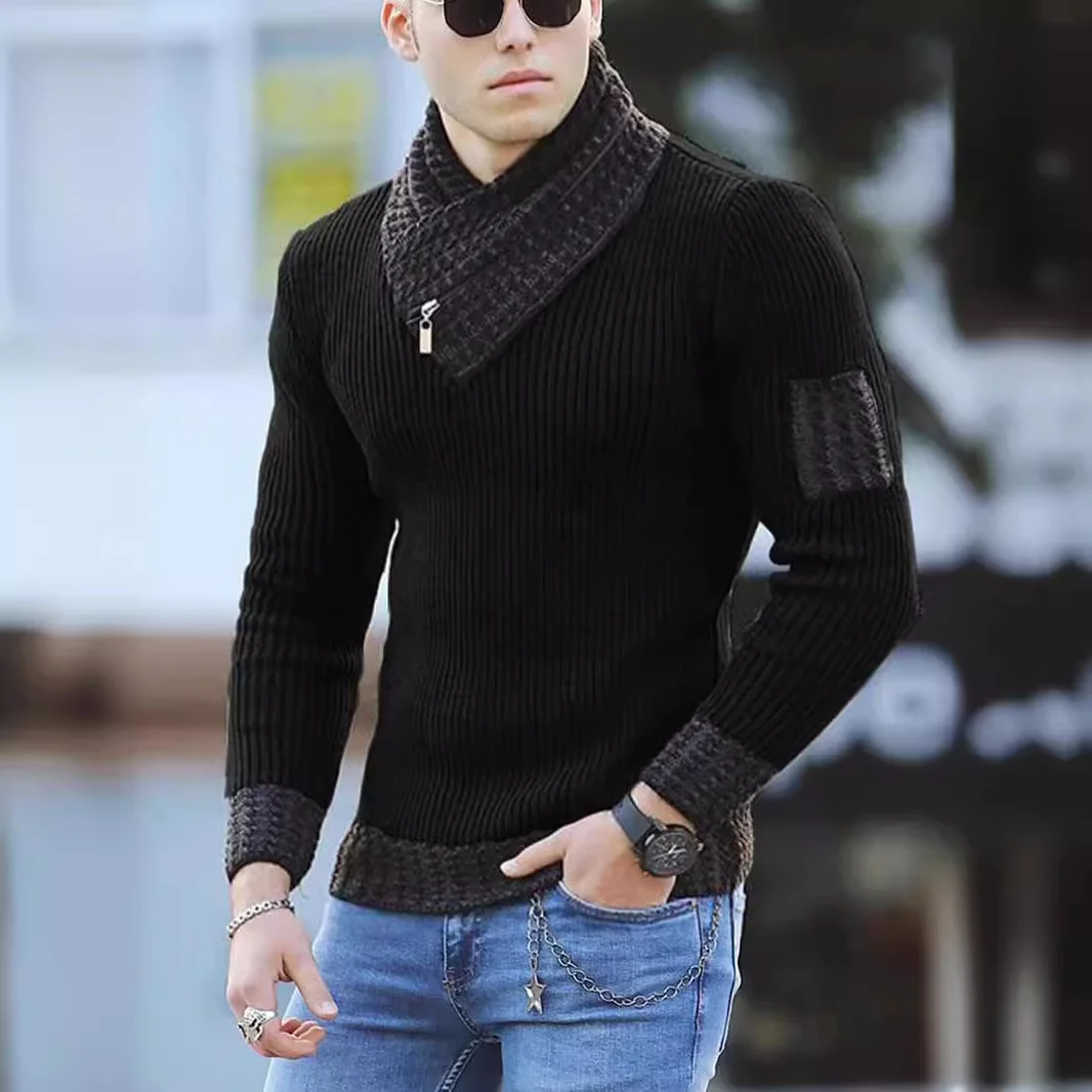 Wongn Wongn Men's Casual Slim Knit Jumper Long Sleeve Scarf Neck Sweater Men's Wear