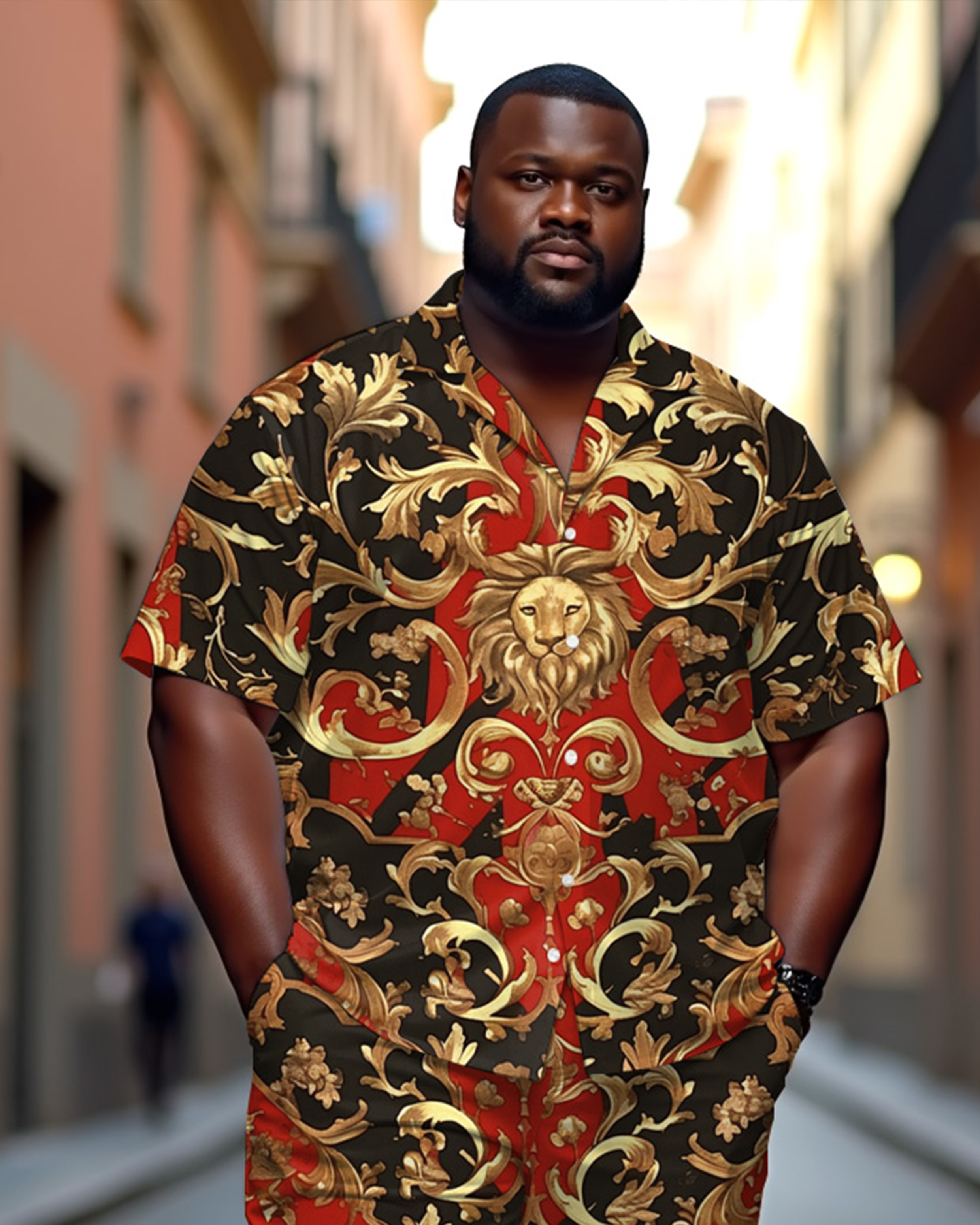 Men's Plus Size Luxury Retro Lion Head Print Casual Cuban Nare Short Sleeve Shirt Shorts Suit