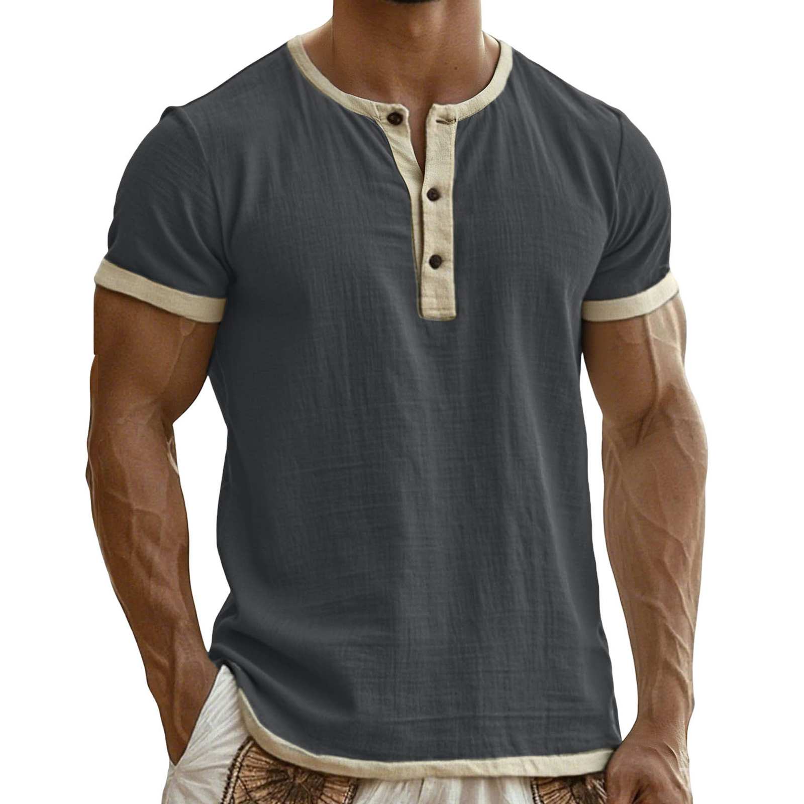 Comstylish Men's Retro Color-blocked Henley Collar Cotton-linen Shirt