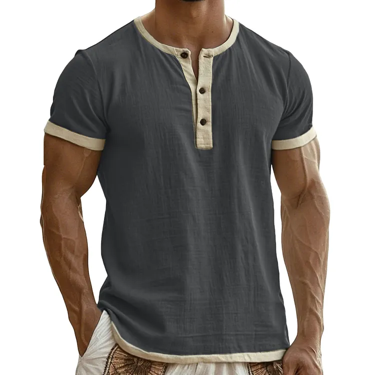Men's Retro Color-blocked Henley Collar Cotton-linen Shirt