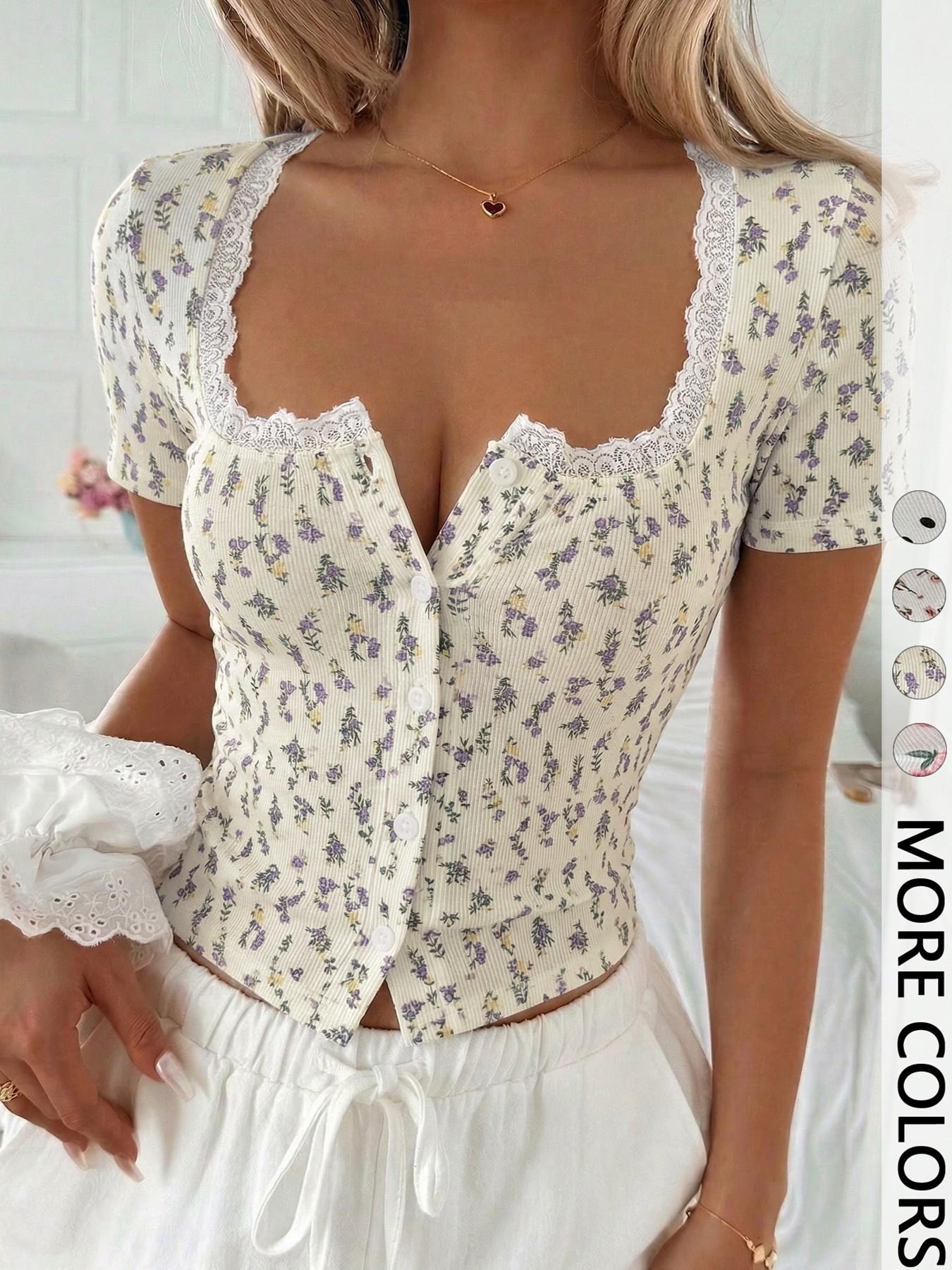Sweetheart Neck Lace-Trim Short-Sleeve Floral Print Fitted Crop Top, Y2K Casual Aesthetic Cute Style for Daily Wear, Womenswear