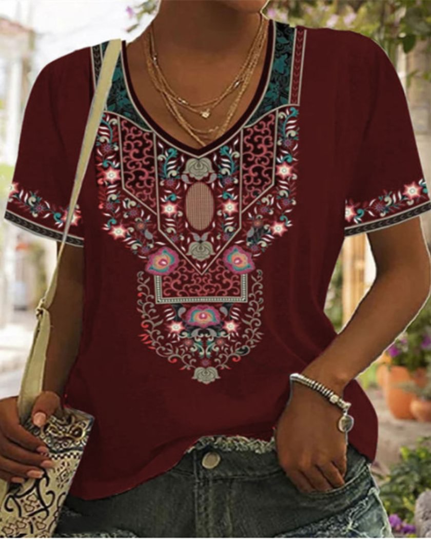 V-Neck Loose Ethnic Print Short-Sleeved T-Shirt