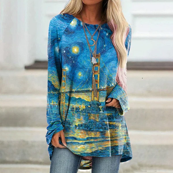 Vefave Vefave Vefave Oil Painting Print Casual Long Sleeves Tunic