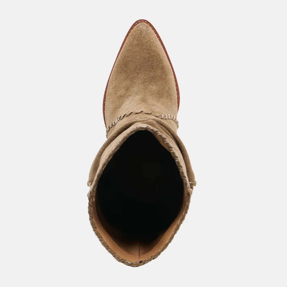 Brown Pointed Toe Chunky Heel Slouchy Pleated Pull On Boots for Women