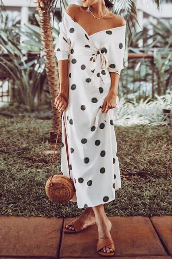 Elegant Polka Dot With Belt V Neck Waist Skirt Dresses(6 Colors) - Life is Beautiful for You - SheChoic