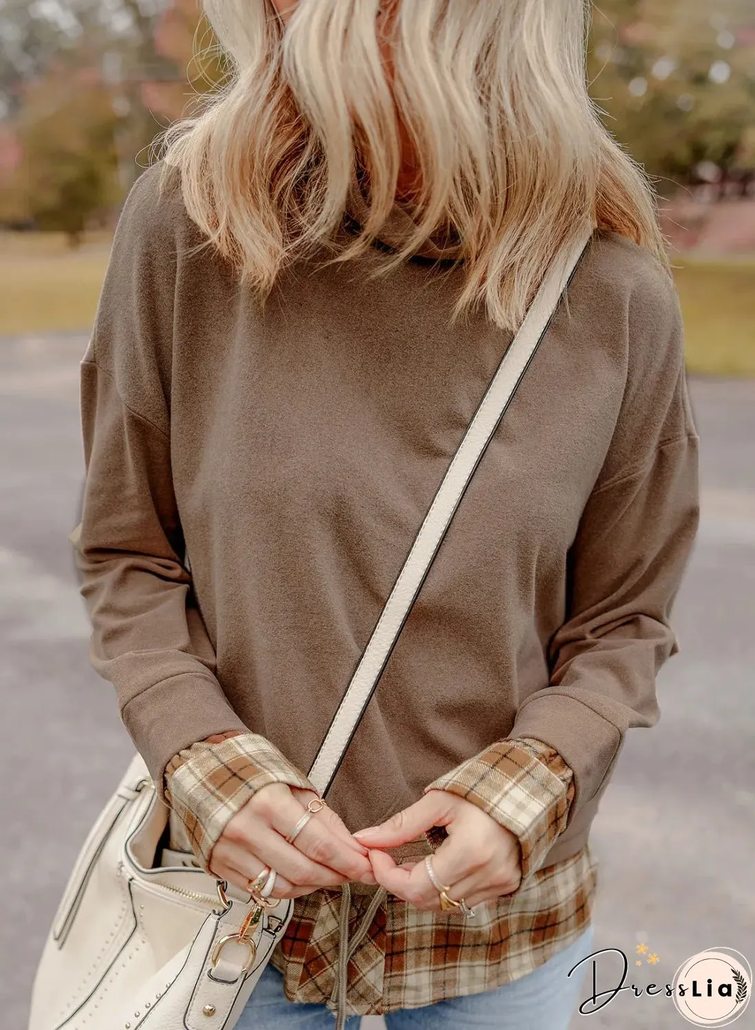 Drawstring Plaid Turtleneck Long Sleeve Top
