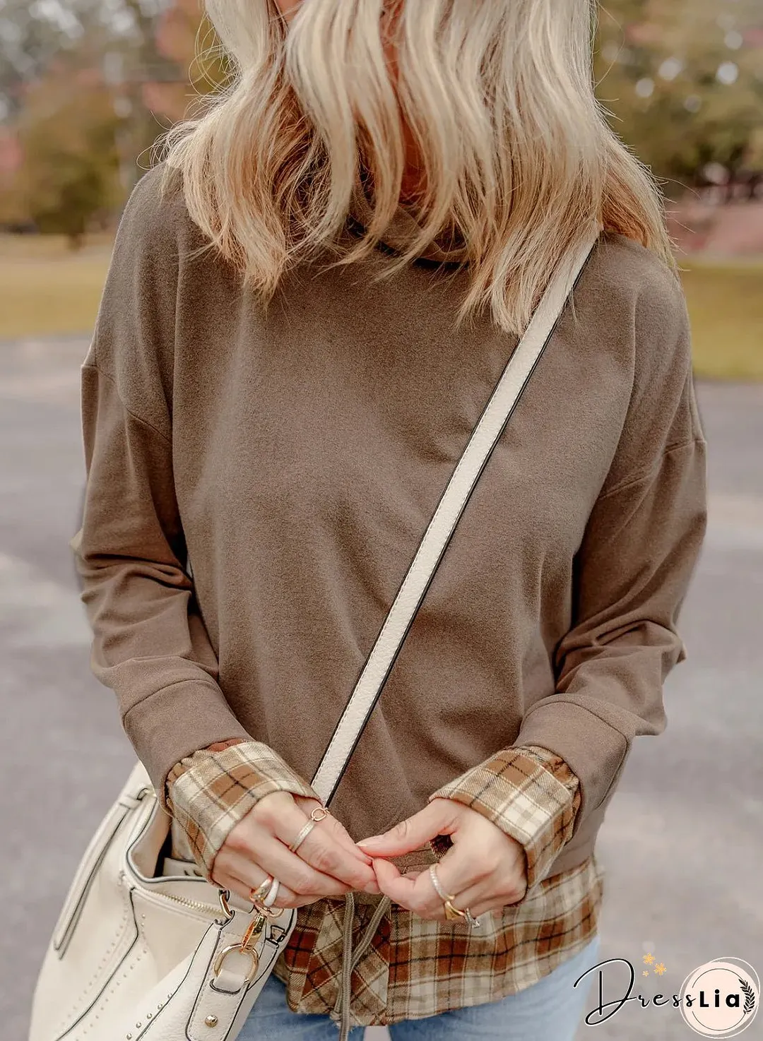 Drawstring Plaid Turtleneck Long Sleeve Top