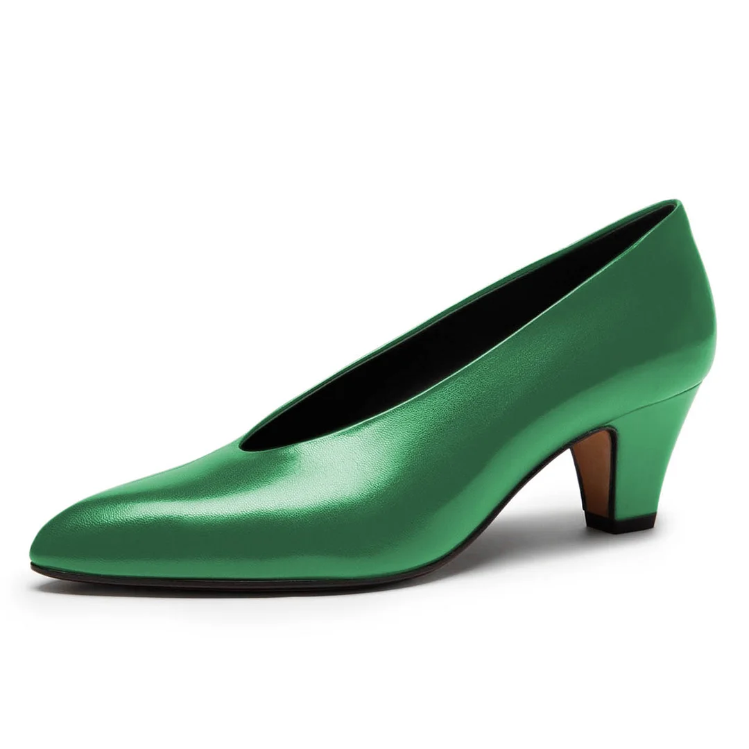 YDN Classic Green Pointed Toe Chunky Heel Slip-On Pumps Shoes