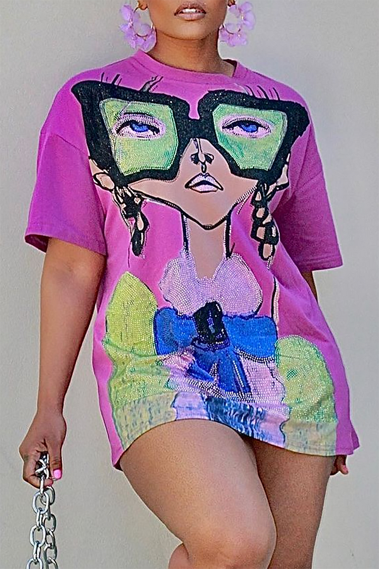 Plus Size Casual Blouse Purple Loose Print Short Sleeve Blouse 