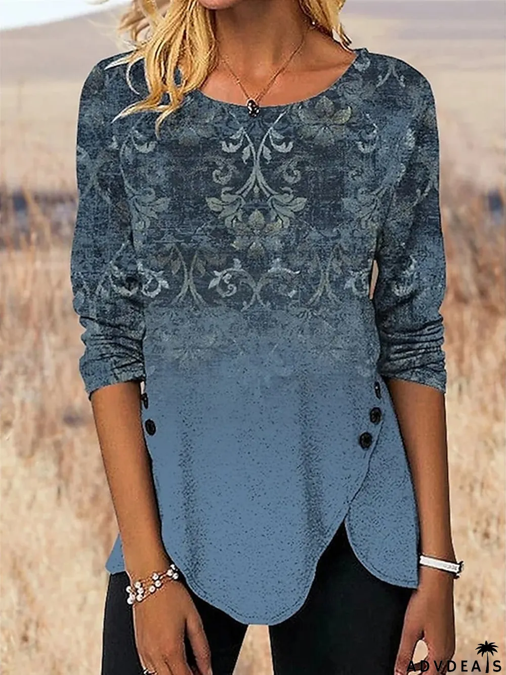 Women's T shirt Tee Floral Holiday Weekend Red Blue Purple Print Long Sleeve Fashion Round Neck Regular Fit Spring & Fall