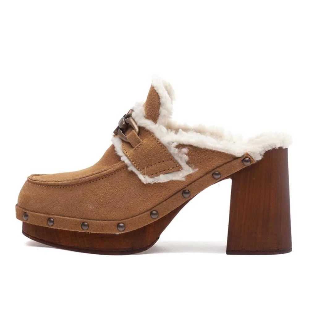 Brown Faux Fur Metal Chain Platform Mules for Women with Studs