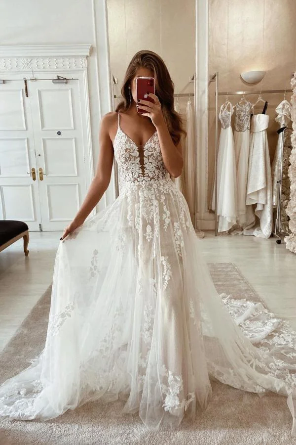 Luluslly Glamorous Spaghetti-Straps V-Neck Backless Train Wedding Dress Lace Appliques