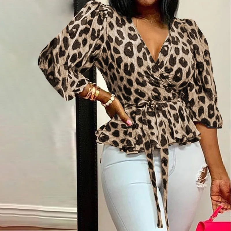 Celmia Women Elegant Blouse 2022 Summer Sexy V-Neck Leopard Print Tunic Shirt Belted Office Fashion Top Ruffles Blusas Femininas