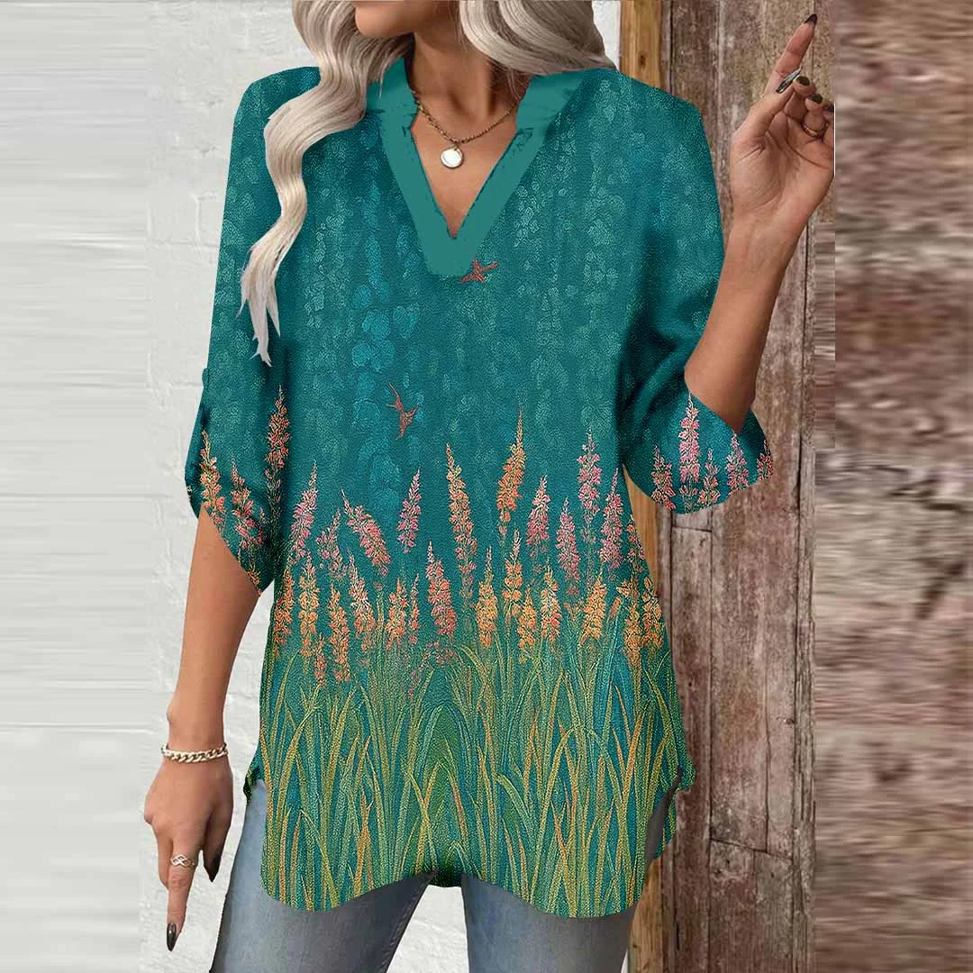 Women Plant, Green, Blue DZGA0597 3/4 Sleeve V-neck Printed Graphic Button Tops