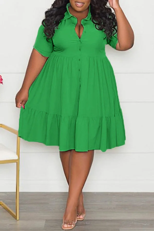 Shirt Collar Solid Color Ruffles Midi Dress