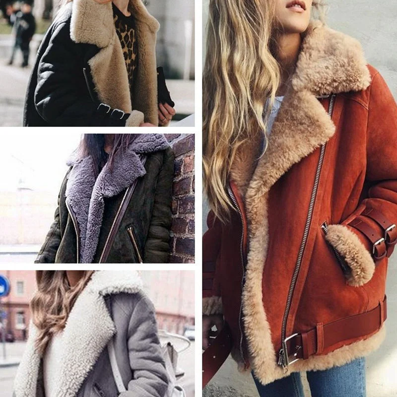 Women's Motorcycle Coat Lamb Hair Lapel Fur Coat