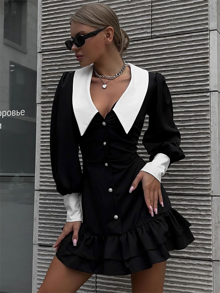 Ootddress Black Ruffled Patchwork Mini Dress For Women High Waist V-Neck Slim Fashion Elegant Party Dress Gown Women's Sexy Dress