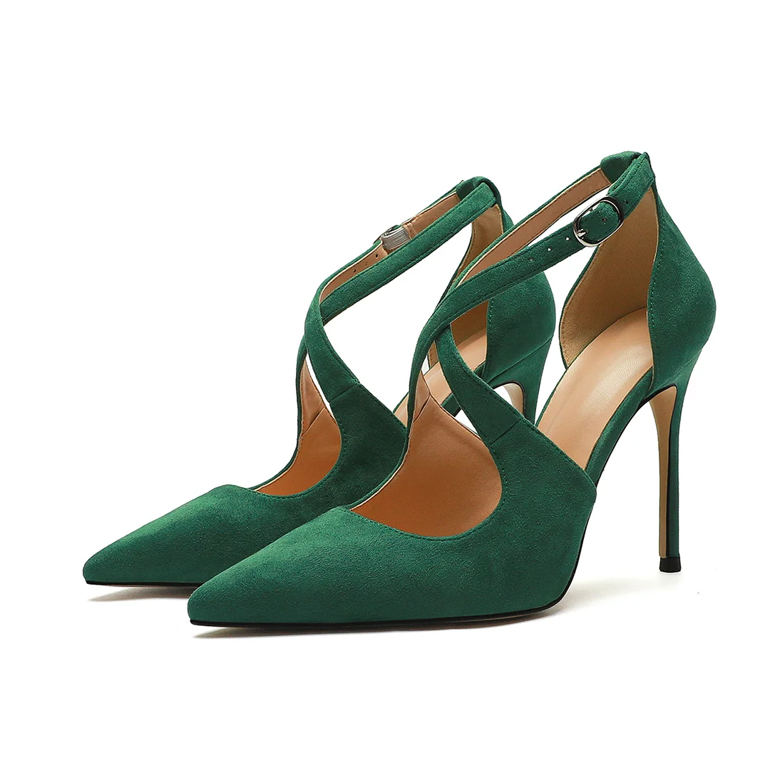 95mm Women's Pointed Toe Cross Strap Heels Ankle Strap Sandals Pumps Shoes-MERUMOTE