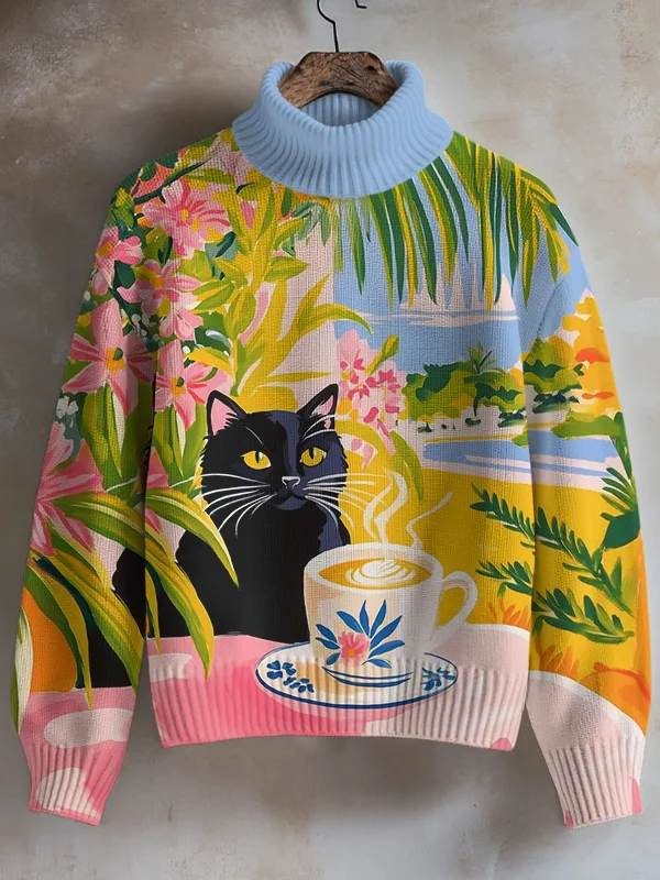 Women's Black Cat Drinking Coffee Print High Neck Knit Sweatshirt